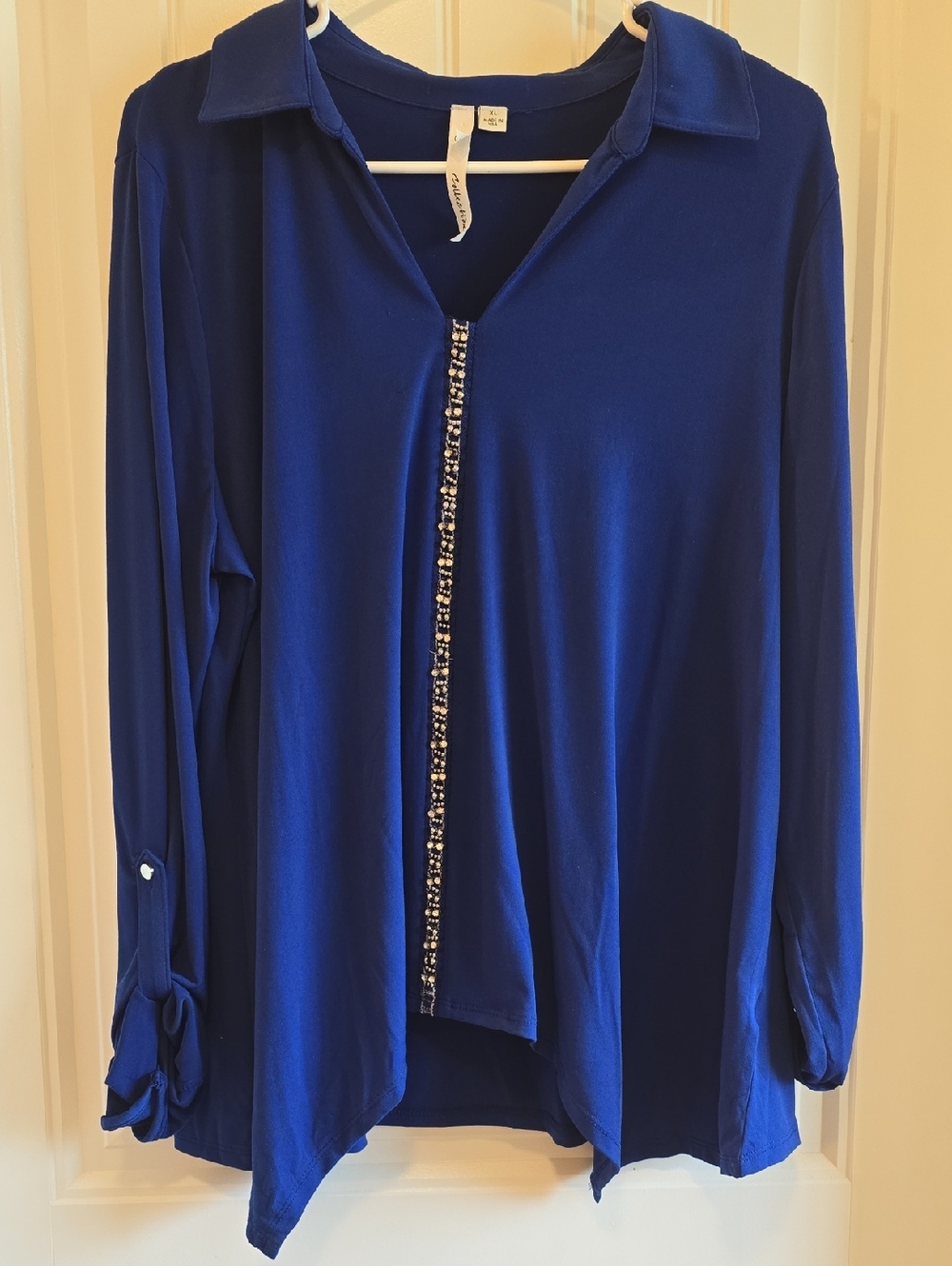 IC COLLECTION Royal Blue Beaded-Trim Collared Button Down Top